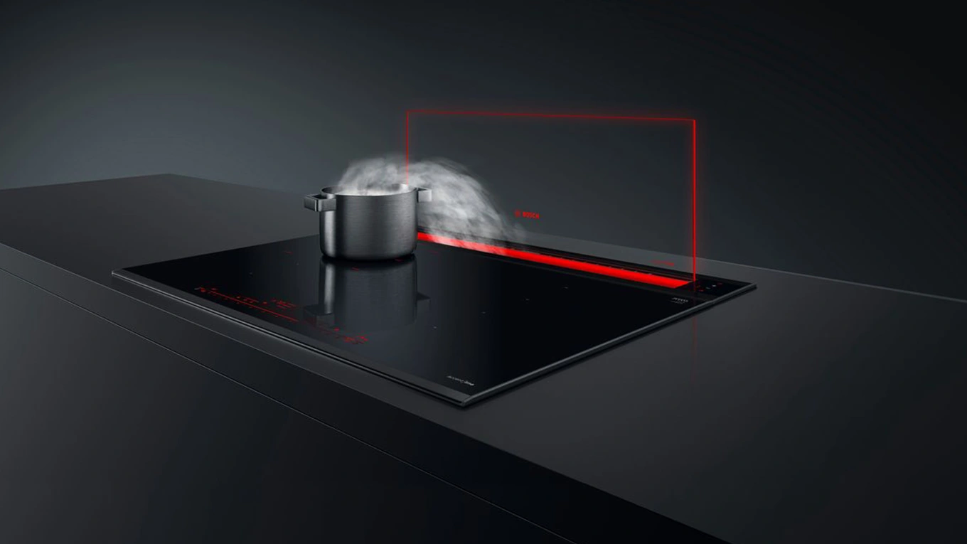 Bosch accent line Glas Tischlüfter bosch accent line carbon black tischlüfter aus glas in dunkler kulisse mit rotem effekt licht