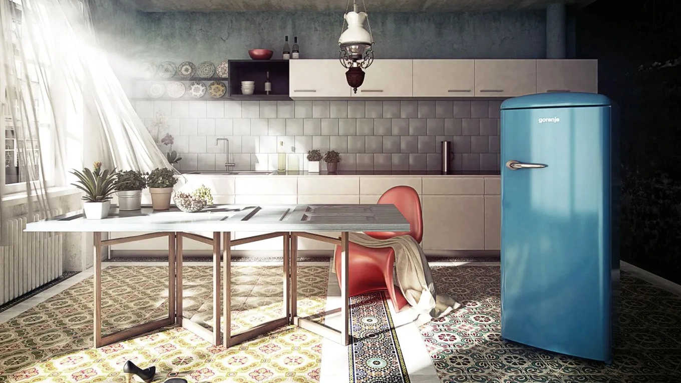 Gorenje Retro Kühlschrank baby blau Gorenje Retro Kühlschrank in baby blau als Standgerät in einer Vintage Küche