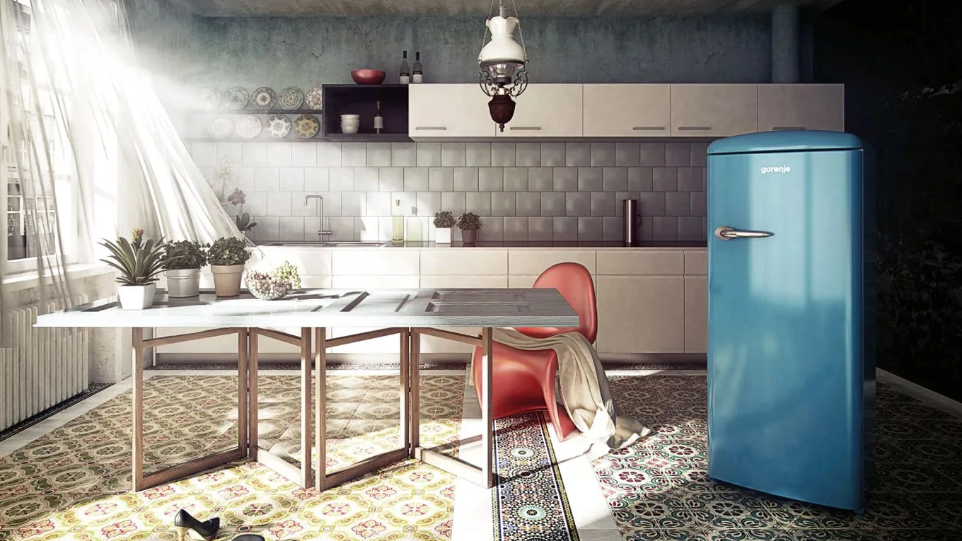 Gorenje Retro Kühlschrank in baby blau als Standgerät in einer Vintage Küche