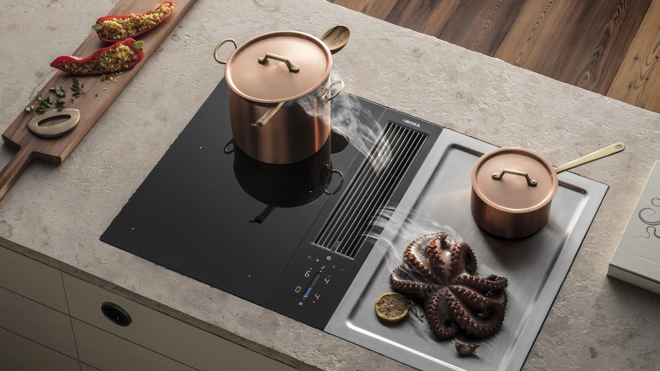 BORA Classic Kochfeld mit Dunstabzug bora classic kochfeld mit teppan yaki grill und zwei kupfer kochtöpfe