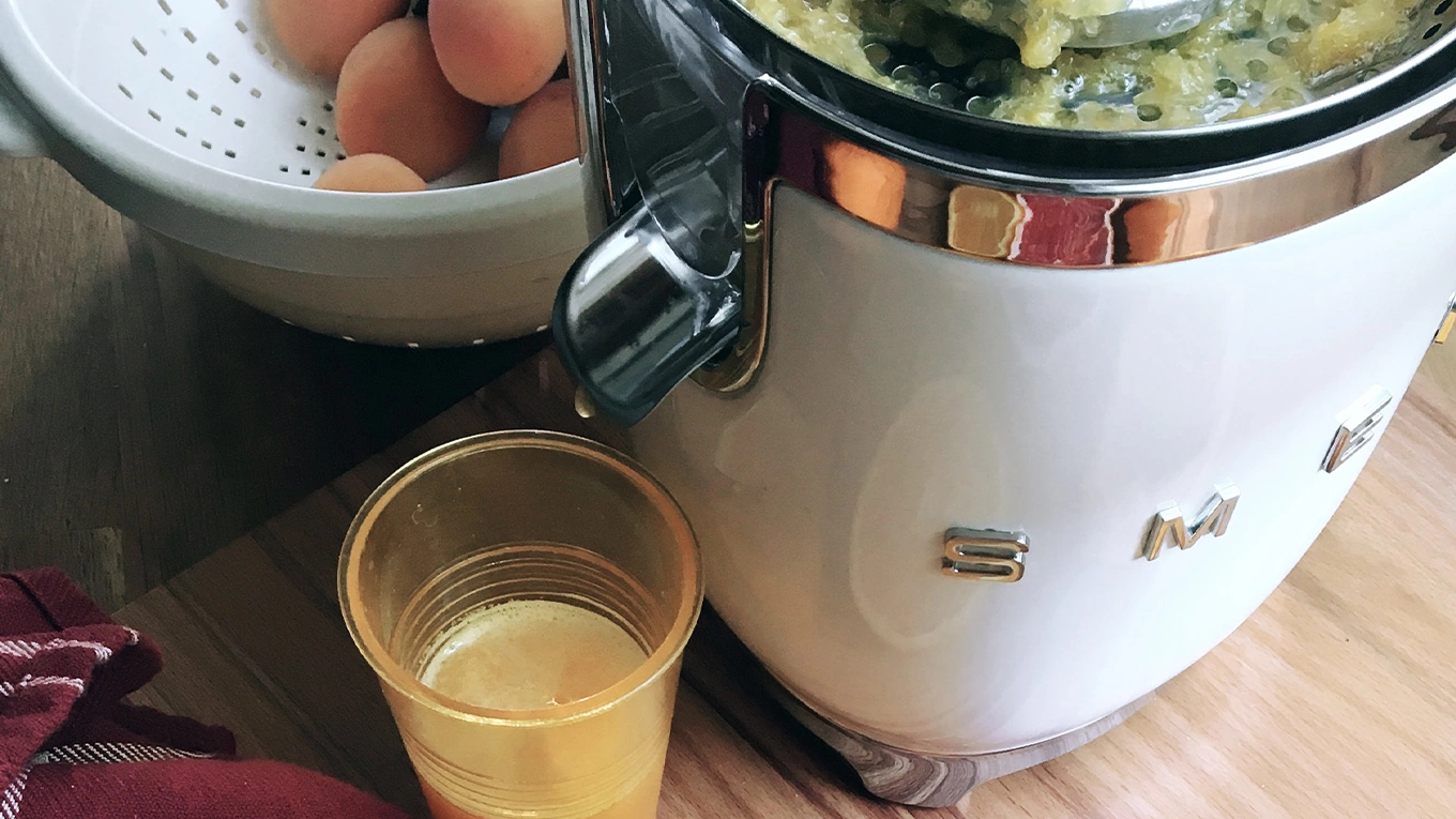 frisch gepresster orangensaft fließt aus der smeg zitruspresse in einen becher