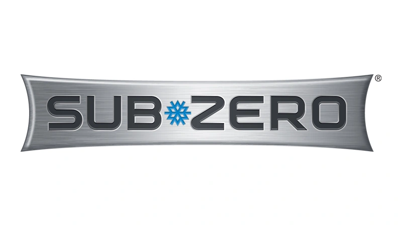 Subzero logo in schwarz mit blauer schneeflocke und edelstahl balken