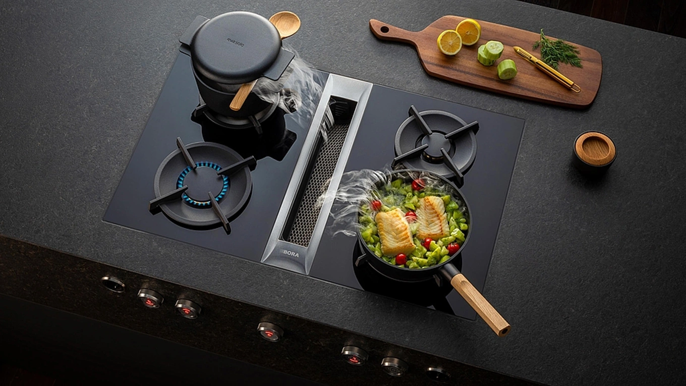 BORA Professional Kochfeld mit integriertem Dunstabzug bora professional kochfeld mit integriertem dunstabzug mit gasplatten und anwendungsbeispiel