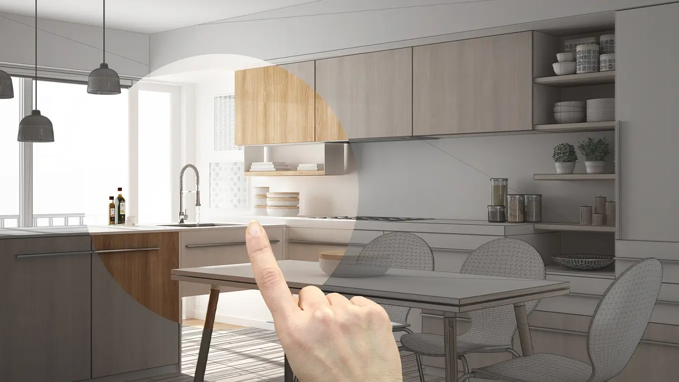 fingertipp macht einen kleinen kreis in einer sonst grau hinterlegten küche farbig sichtbar