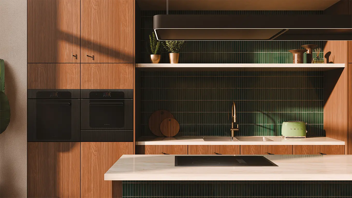 Smeg Musa backofen in einer grünen holzküche