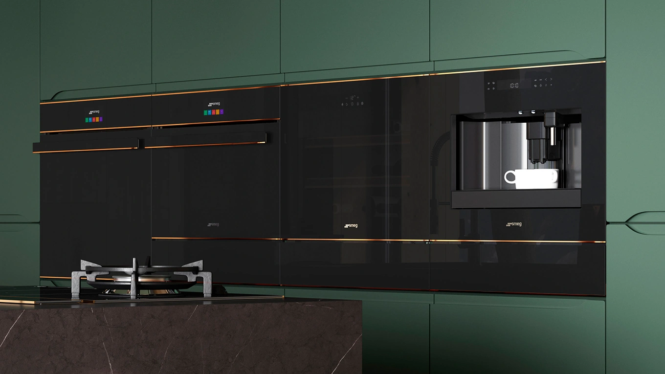 schwarze smeg dolce stil novo backöfen ergonomisch eingebaut in einer reihe in einem grünen küchenhochschrank