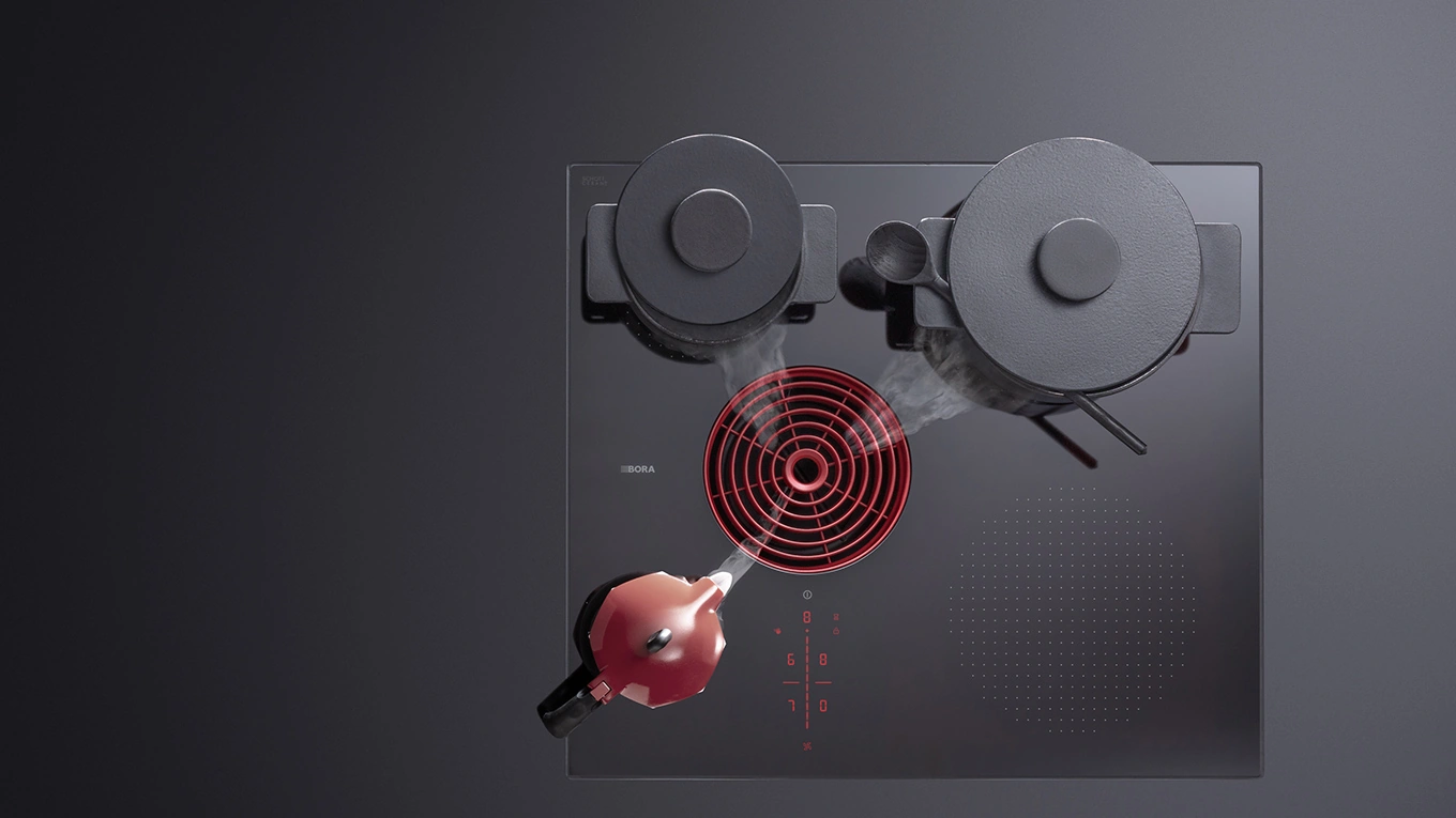 BORA S PURE Kochfeld mit Abzug bora s pure mit rotem runden Kochfeldabzug und drei Töpfen in schwarz und rot