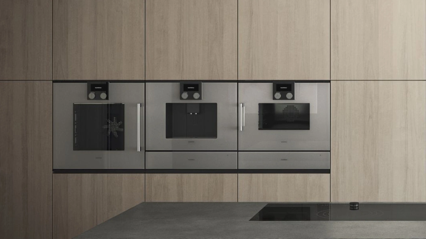 Gaggenau Serie 200 Einbau-Geräte Nebeneinander eingebaute Gaggenau Geräte in Silber aus der Serie 200