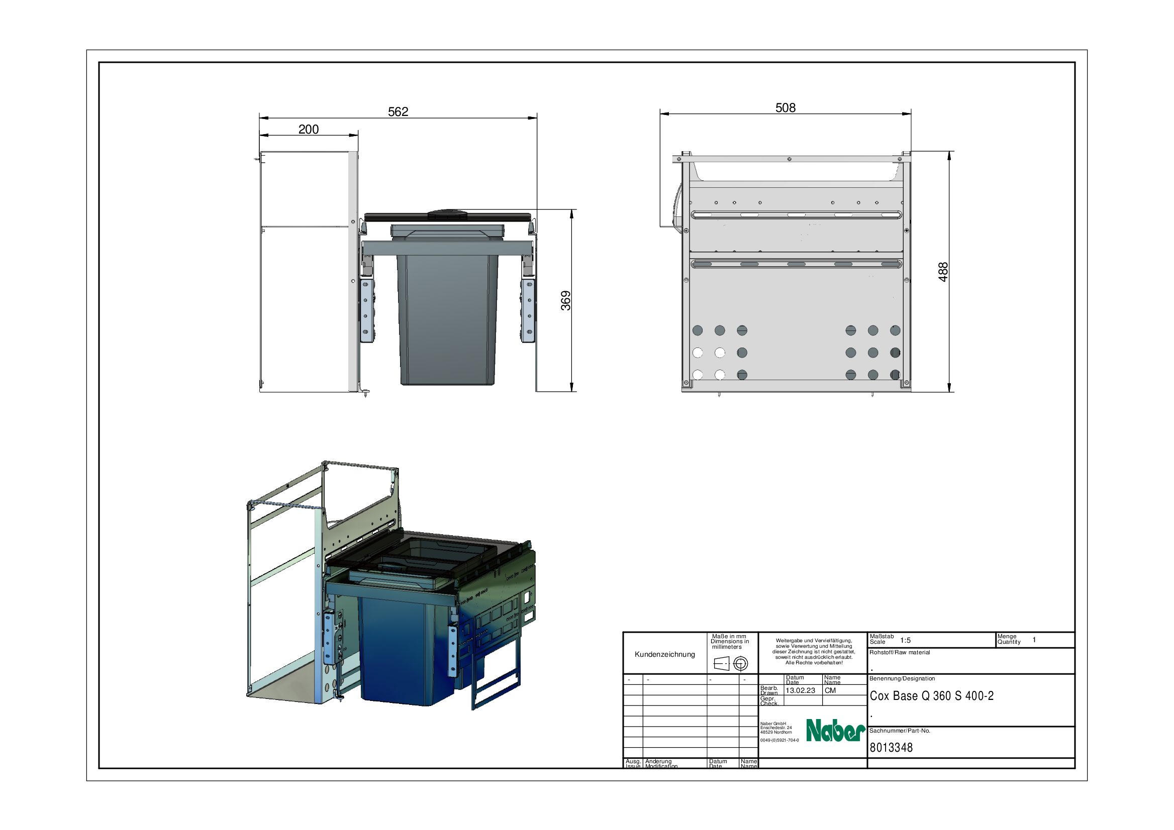 Naber Cox® Base Q 360 S/400-2 Abfallsammler für Frontauszüge Anthrazit