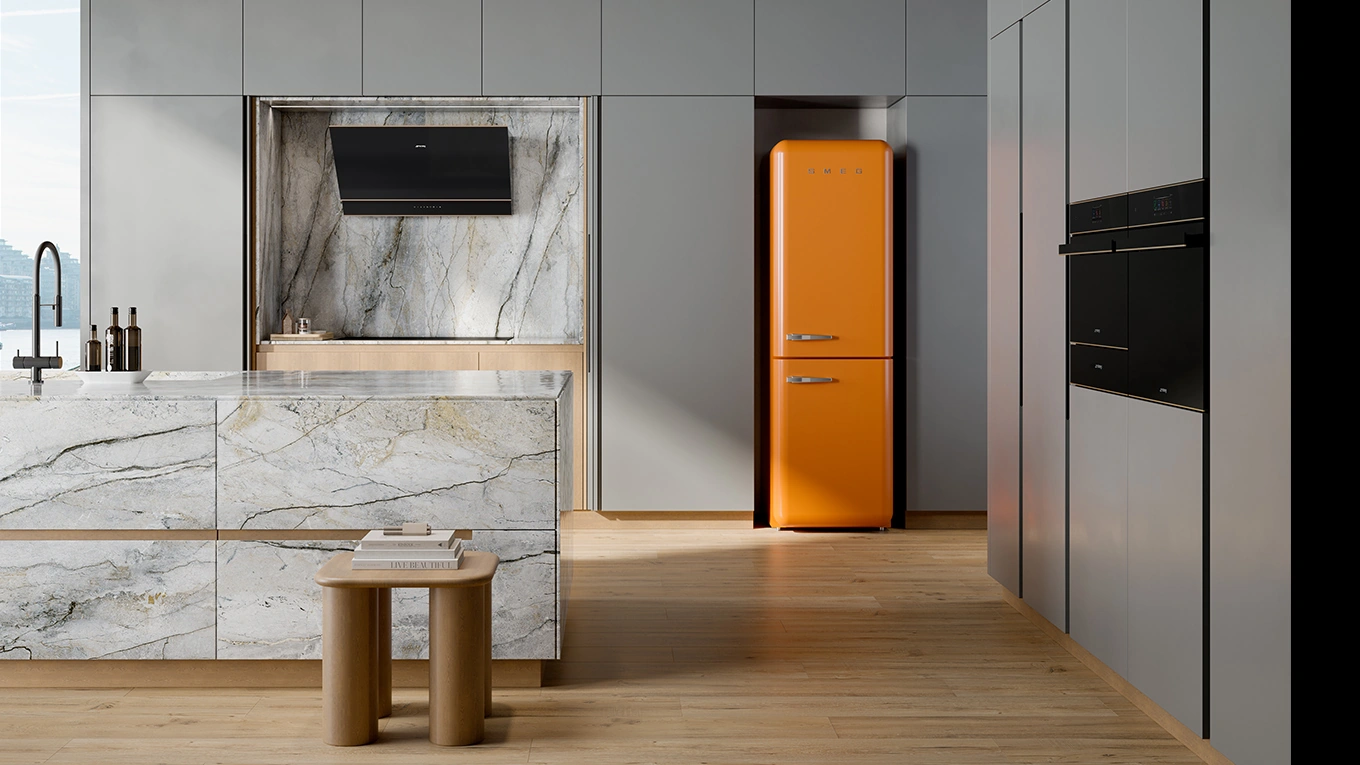Colorful freestanding refrigerator, minibar or XL fridge-freezer combination