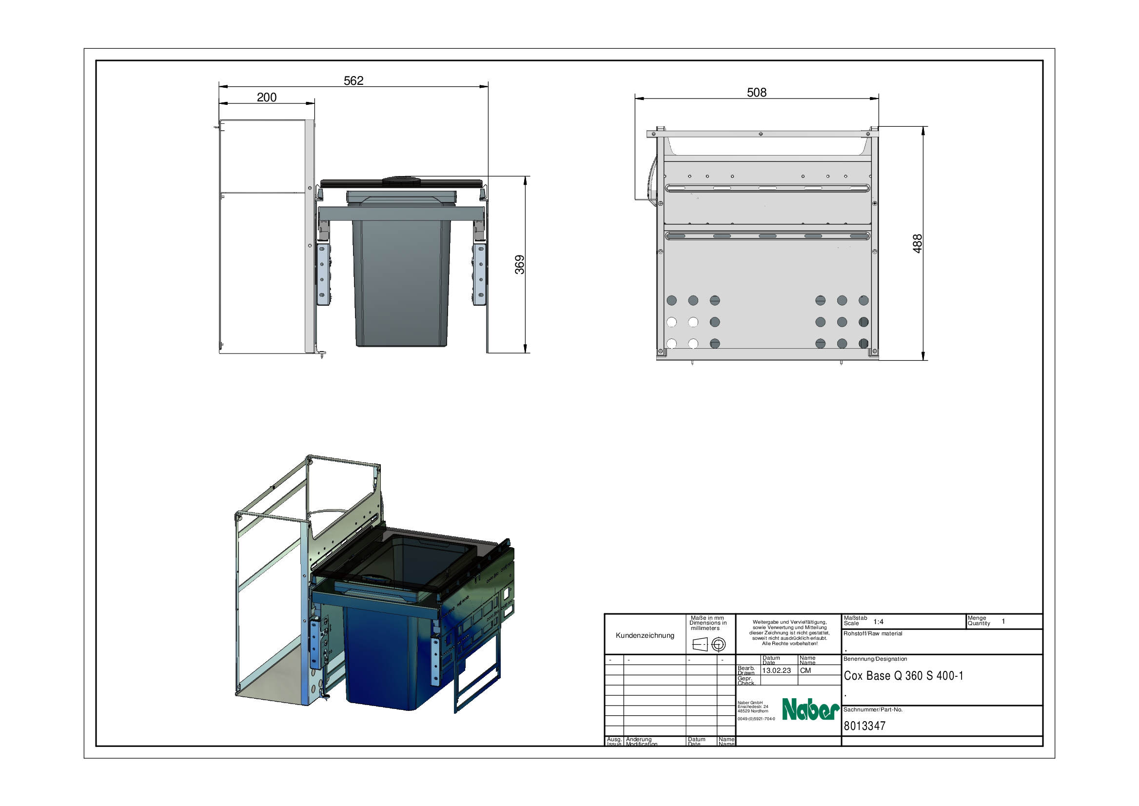Naber Cox® Base Q 360 S/400-1 Abfallsammler für Frontauszüge Anthrazit