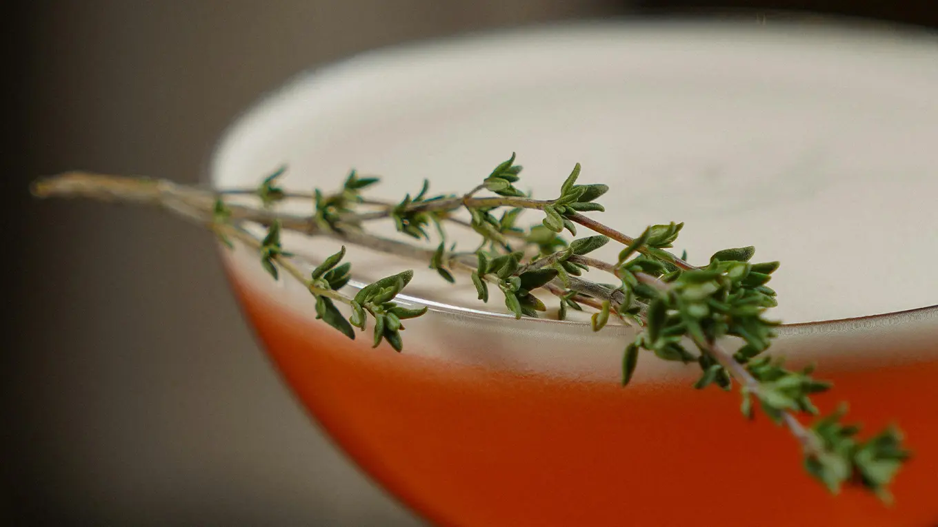 Aperol Sour Cocktail mit Thymian Zweig