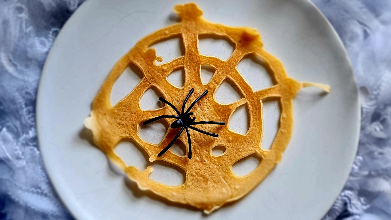 schwarze Spinne auf einem spinnennetz pfannkuchen